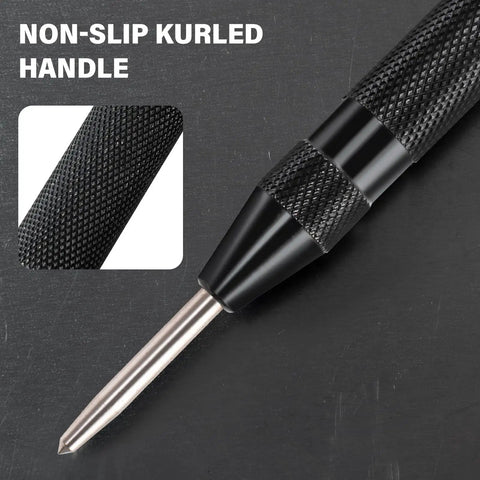 Close-up of Heavy Duty Automatic Center Punch Featuring Adjustable Spring Tension And Anti Slip Knurled Grip With Steel Tip.