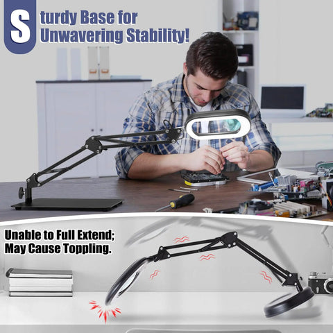 Man using 10X Square Magnifying Glass With Light And Stand Real Glass LED Magnifier With Clamp 5 Color Modes Stepless Dimmable Brightness Hands Free Desk Lamp For Reading Crafting Close Work on desk
