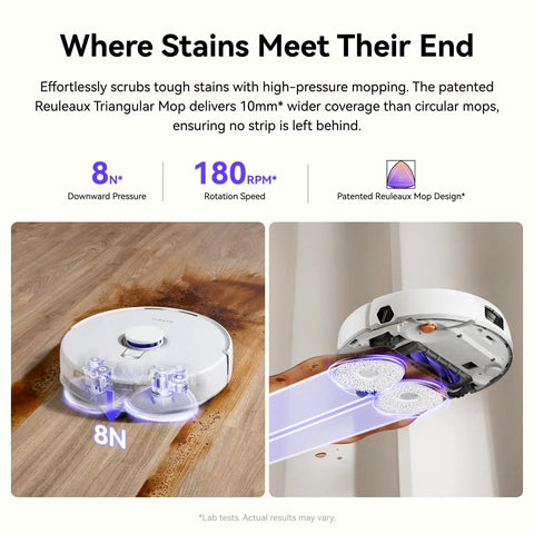 Freo X10 Pro Robot Vacuum And Mop Combo With 11,000 Pa Suction, DualFlow Tangle Free System, Mop Extend Edge Cleaning, Self Emptying, Auto Mop Wash And Dry, Pet Hair Boss For Hard Floors on wood surface showcasing mopping system.