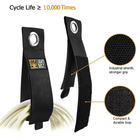 Heavy Duty Cord Wrap Straps Kit For Garage Organization And Tool Storage With Durable Hooks And Fastening Straps For Cords Hoses Rope RV And Boat Gear 22 Piece Set For Easy Dispense Secure Tidy Garages shown with industrial-strength hook and loop