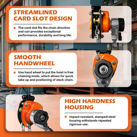 Mini Lever Chain Hoist With 550 Lbs Capacity And 5 Ft Lift features streamlined card slot design, smooth handwheel, and high hardness housing.
