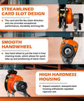 Front view of orange manual lever chain hoist with steel chain and hook, 1/4 ton capacity.