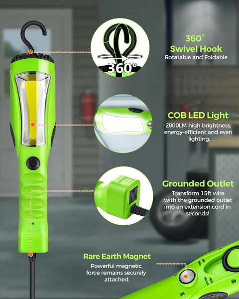 18W COB LED Work Light With 15ft Cord, 2000 Lumens Handheld Underhood Trouble Light, 16 Gauge SJTW, Swivel Hook, ETL Listed, Green