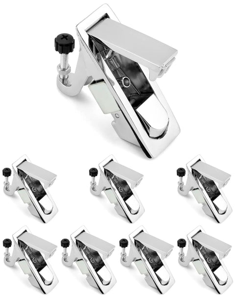 Eight Pack Zinc Alloy Compression Latch Locks Featuring Slick Trigger Action And Flush Silver Finish, adjustable with a black knob.