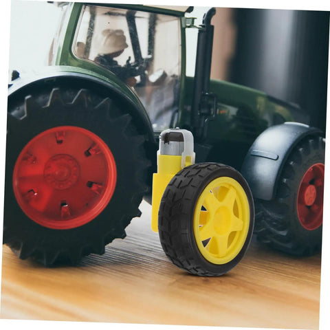 Electric Motor And Plastic Tire Wheel Set For RC Cars And Trucks, Easy Assembly Axles For Robot Car Builds, shown with toy tractor.