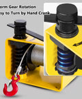 Close-up of Workhorse Heavy Duty Worm Gear Hand Winch showing self-locking manual crank and gear details for lifting.