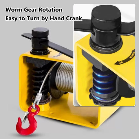 Close-up of Workhorse Heavy Duty Worm Gear Hand Winch showing self-locking manual crank and gear details for lifting.