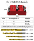30 45 90 Degree Angle Drill Guide Jig For Hand Drill, red tool with four precision drill bits, 3/16 to 3/8 inch sizes shown