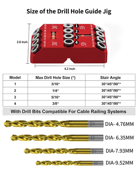 30 45 90 Degree Angle Drill Guide Jig For Hand Drill, red tool with four precision drill bits, 3/16 to 3/8 inch sizes shown
