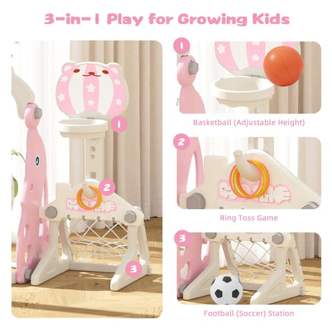 Tot Friendly Indoor Playground Set With Safe Plastic Slide Swing And Mini Basketball Hoop Adjustable Height For Toddlers Aged 1 To 3 Multi Activity Center In Pink with ring toss and football.