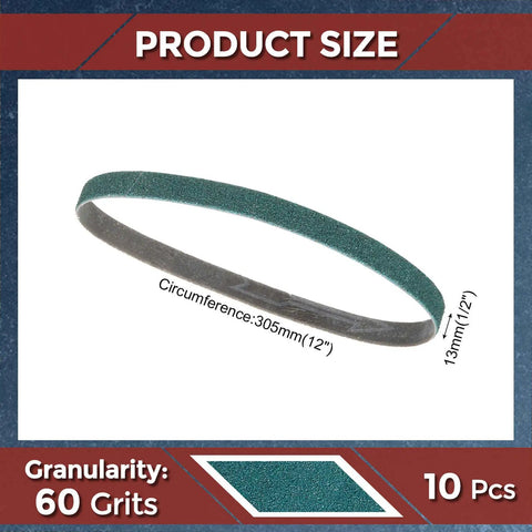 10 Pack Heavy Duty Sanding Belts 1/2 X 12 Inch At 60 Grit Premium Zirconia Abrasives with size detail and grits.