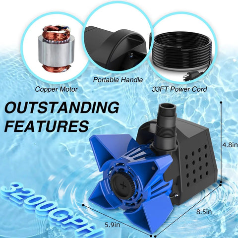 Beefy 3200 GPH Submersible Pond Pump 200W with copper motor, 33ft power cord, and dual hose adapters for water circulation