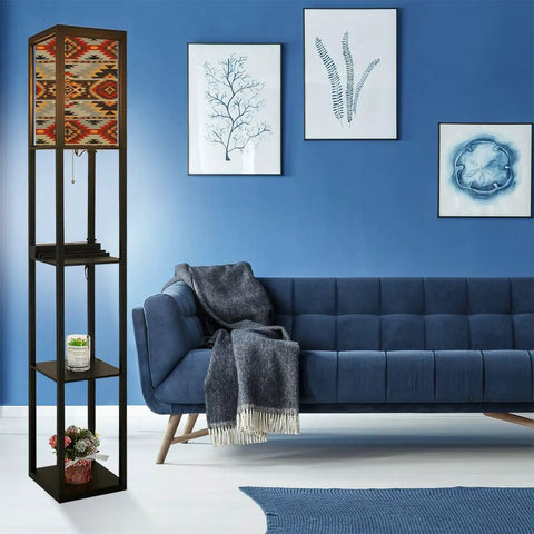 3 In 1 Corner Floor Lamp With Shelves And USB Ports Power Outlet, Navajo Geometric Southwest Print Linen Shade, in modern living room.
