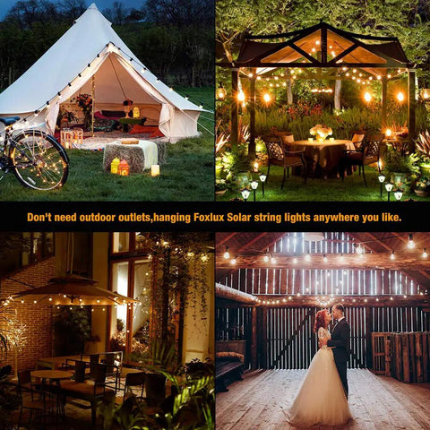 Solar Outdoor String Lights 48 Ft LED With 15 Hanging Sockets illuminating tents, pergolas, patios, and weddings.