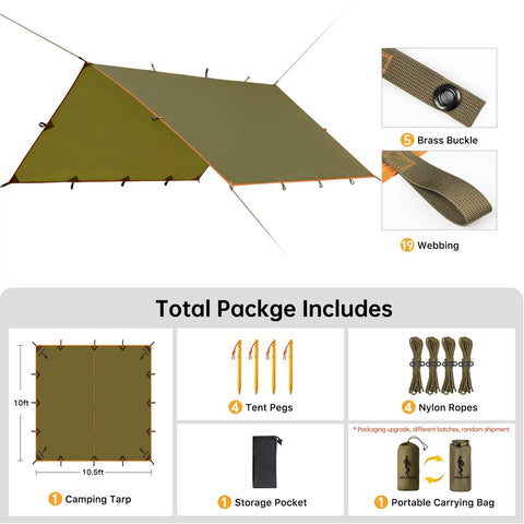 Waterproof 10x10.5 Ft Tarp Shelter For Camping And Backpacking Ripstop 210T Canopy With UV Protection light brown setup kit