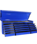 Pro Level Heavy Duty 72 Inch 15 Drawer Tool Chest With Secure Locking Front, 19 Gauge Steel Construction And Eva Liners, Knockout garage storage rig viewed with open top.
