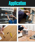 Various applications of tools in electrical installations, woodworking, and cabinet assembly projects.