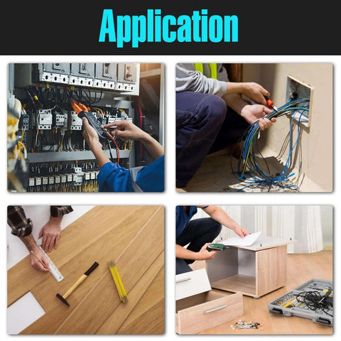 Various applications of tools in electrical installations, woodworking, and cabinet assembly projects.