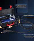 Heavy Duty 1700W Pressurized Steam Cleaner Offers Continuous Tankless Flow. Integrated ABS box with double layer steam hose and extended steam pipe.