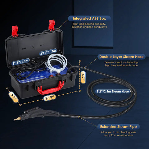 Heavy Duty 1700W Pressurized Steam Cleaner Offers Continuous Tankless Flow. Integrated ABS box with double layer steam hose and extended steam pipe.