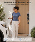 Hassle Free Wifi Smart Front Door Lock Kit With Keyless Entry Deadbolt Handle Smart App Control Remote Unlock Real Time Activity Logs And Super Smooth Security Upgrade with a woman by the door using smart lock.