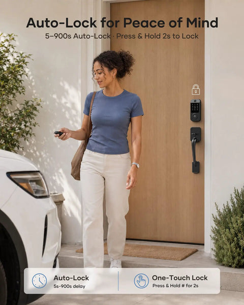 Hassle Free Wifi Smart Front Door Lock Kit With Keyless Entry Deadbolt Handle Smart App Control Remote Unlock Real Time Activity Logs And Super Smooth Security Upgrade with a woman by the door using smart lock.