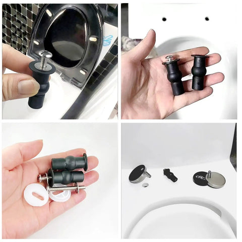 Universal Toilet Seat Bolts And Hinge Kit 4 Pack with Top Mount Screws Expanding Rubber Nuts Stainless Washers in use and detail.