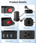 All In One Desktop Charging Station With Twelve Outlet Tower Six And A Half Foot Extension Cord Four USB Ports One USB C And Three USB A For Home Office Dorm Setup Boss Level Power Hub For Any Desk Space; black tower, 12 outlets, USB ports
