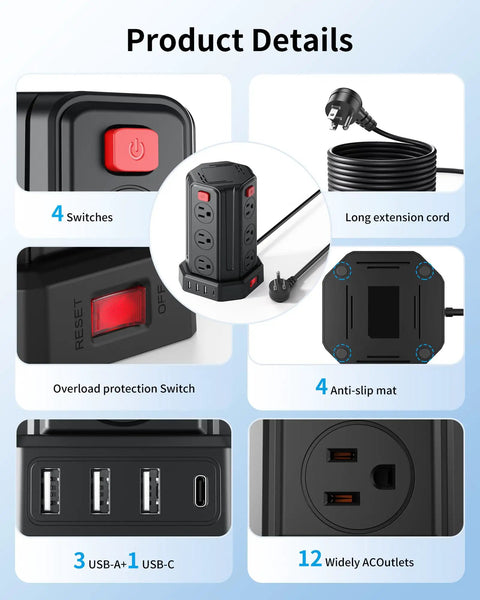 All In One Desktop Charging Station With Twelve Outlet Tower Six And A Half Foot Extension Cord Four USB Ports One USB C And Three USB A For Home Office Dorm Setup Boss Level Power Hub For Any Desk Space; black tower, 12 outlets, USB ports