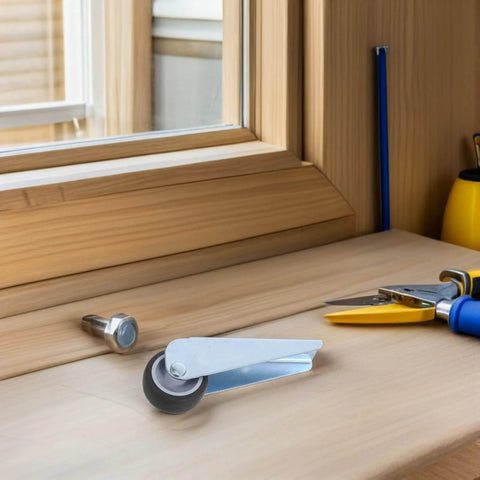 2-Pack Sliding Door Bottom Wheels With Rubber Casters on wooden surface, showcasing metal and rubber construction for furniture doors