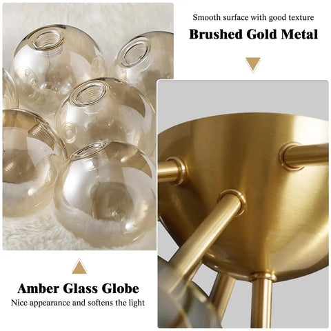 Detailed view of the Seven Light Mid Century Modern Flush Mount Ceiling Light With Amber Glass Sputnik Globes Brass Gold Finish