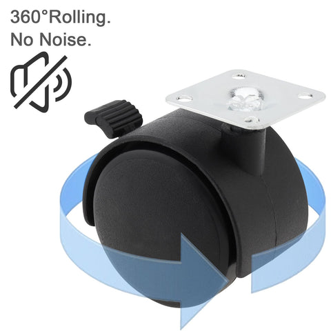 Close-up of 2 Inch Caster Wheels With Brakes, Swivel Nylon Plate, for rolling carts and furniture, showcasing 360° swivel design.