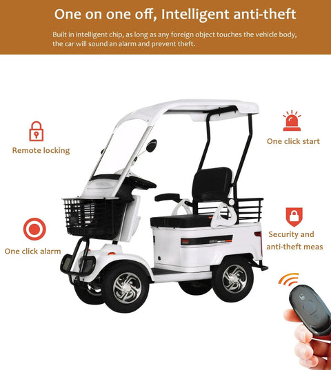 Haoweih 800W Electric Golf Cart For Adults With 60V Lead Acid Battery, showing remote locking feature and anti-theft alarm system.