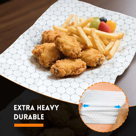 Pre Cut Insulated Foil Sandwich Wrap Sheets Grease Resistant For Hot Food 10.5 By 14 Inches 100 Pack with fried food on top