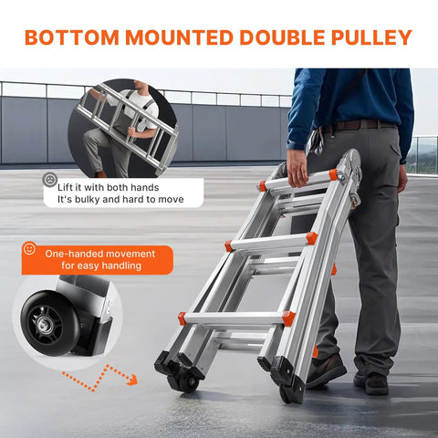 9.5 Foot Telescoping Aluminum Ladder A Frame Grab And Go Portable Extension Ladder For Home Roof Stairs Indoor And Outdoor Use 330 Pound Load Capacity No Assembly Required Lightweight And Easy To Carry, shown folded with wheels