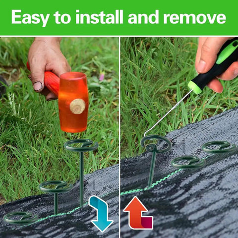Circle Top Landscape Staples 6 Inch Green Turf Stakes 9 Gauge Beefy Heavy Duty Yard Lawn Spikes installation on soil