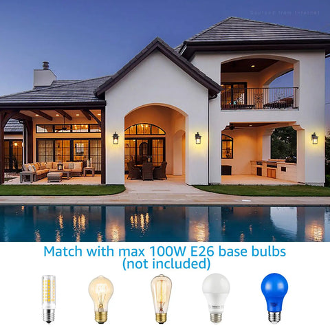 Outdoor Dusk-To-Dawn Wall Light With E26 Base, Waterproof Anti-Rust Exterior Fixture, Water Ripple Glass Shade For Porch Garage Doorway, UL Listed Black, No-Fuss Auto On At Night, Pack Of 2 illuminating a house at dusk with bulb options.