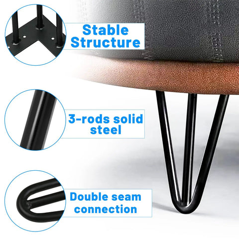 Close-up of 6 Inch 3 Rod Solid Metal Hairpin Furniture Legs Set Of Four In Black Finish with labels on stable structure and steel rods.