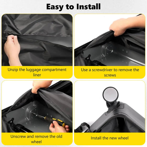 Image showing easy steps to install Heavy Duty Luggage Wheels Replacement Set Built Hella Tough, including unzipping liner and unscrewing old wheel.