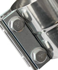 Close-up view of stainless steel 4 Inch Lap Joint Exhaust Band Clamp with bolts, part of the 4 Inch Lap Joint Exhaust Band Clamp Set Easy Install Stainless Steel 304 With Zinc Plating Fits 4 OD To 4 ID Exhaust Pipe Muffler Elbow And Tubing Universal 2 Pack.