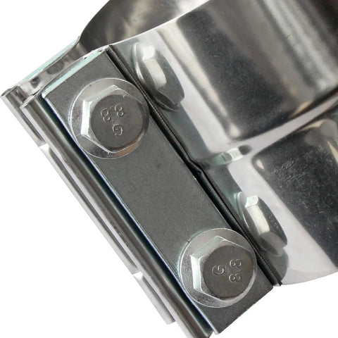 Close-up view of stainless steel 4 Inch Lap Joint Exhaust Band Clamp with bolts, part of the 4 Inch Lap Joint Exhaust Band Clamp Set Easy Install Stainless Steel 304 With Zinc Plating Fits 4 OD To 4 ID Exhaust Pipe Muffler Elbow And Tubing Universal 2 Pack.