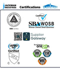 Certification logos including WBE, SBA WOSB, Supplier Gateway, IAPMO, Business Oregon for Jackman Industries.