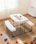 White picnic table with benches set, steel frame, fold-flat design for outdoor and indoor use, weighs 220lbs, showcased indoors.