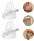 Clear Plastic Shelf Support Pins Set, 60pcs 3mm Pegs With Studs for cabinets, showing installation and snug fit in wood shelf.