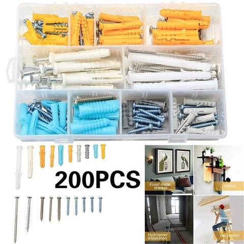 200 Pcs Plastic Expansion Drywall Anchor Screws Assortment Kit Self Tapping Heavy Duty, Yellow Zinc Plated Finish, Rust Resistant Wall Mount Fasteners For Shelves, Mirrors, TVs, Picture Frames And DIY Projects, 200-piece organizer kit