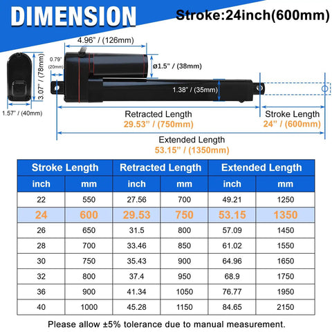 Heavy Duty 330 Pound Linear Actuator 12 Volt 24 Inch Stroke IP65 Waterproof dimensional specifications and measurements.