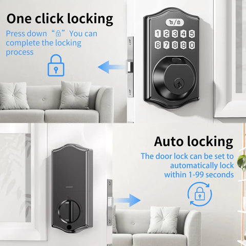 Smart Front Door Deadbolt Lock With Fingerprint Fast Unlock 0.3 Seconds No Fuss 100 Fingerprints 100 Codes Keyless Entry Digital Keypad Auto Lock Type C Emergency Power One Time Codes Plus Key Backup For Family Security shown in front and side views on a door.