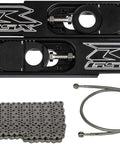 GSXR 1000 Swingarm Extensions Black Engraved, 4.5 to 9 Inch Stretch, 36 Inch Extended Brake Line, 530 X 150 Link Chain, Billet Aluminum Bolt On