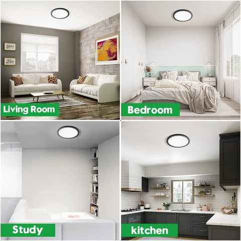 Two Pack 12 Inch Black Flush Mount LED Ceiling Light in living room, bedroom, study, and kitchen settings