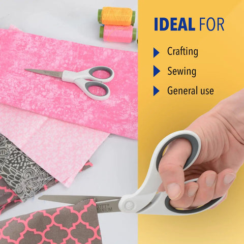 Titanium Bonded Fabric Scissors Set With 5 Inch Micro Tip And 8 Inch Bent Blades For Heavy Fabrics And Precision Snips Two Pack Perfect For Quilting Sewing And Craft Projects, shown with fabric and hand grip